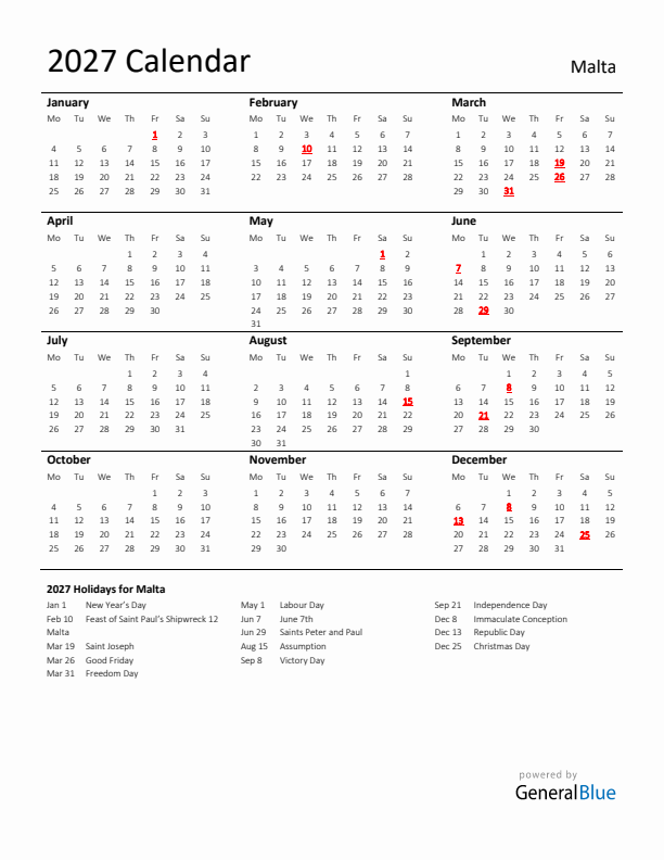 Standard Holiday Calendar for 2027 with Malta Holidays