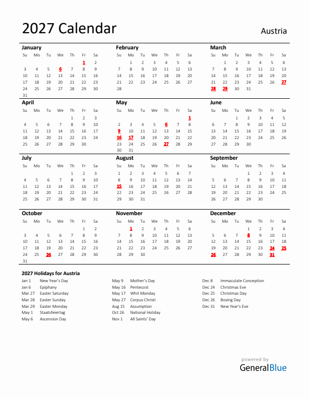 Standard Holiday Calendar for 2027 with Austria Holidays