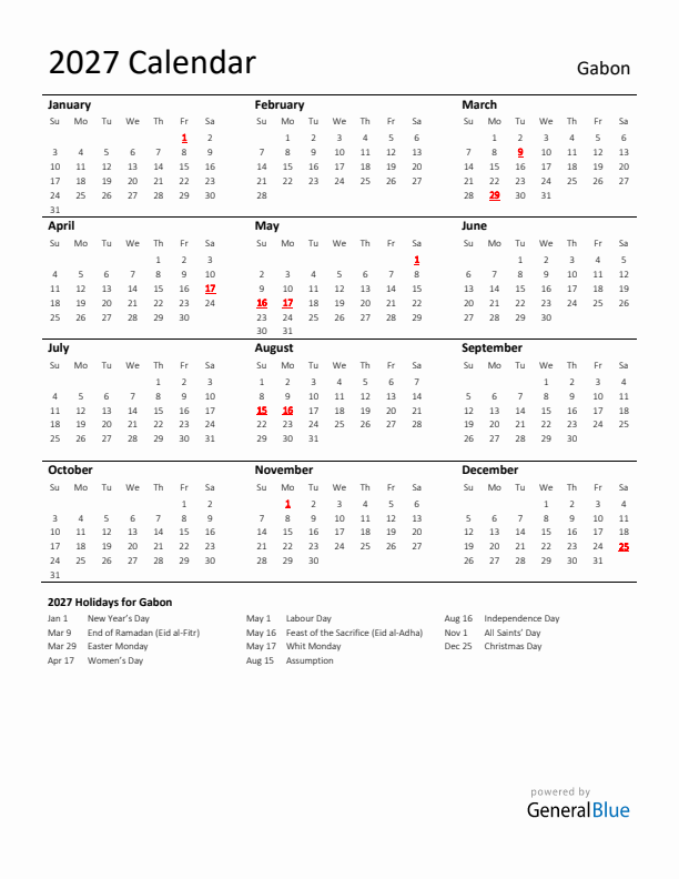 Standard Holiday Calendar for 2027 with Gabon Holidays