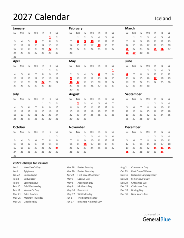 Standard Holiday Calendar for 2027 with Iceland Holidays