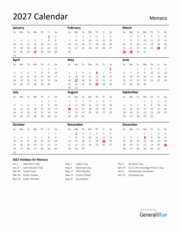 Standard Holiday Calendar for 2027 with Monaco Holidays
