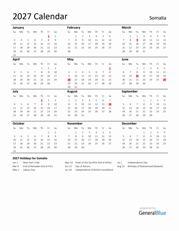 Standard Holiday Calendar for 2027 with Somalia Holidays