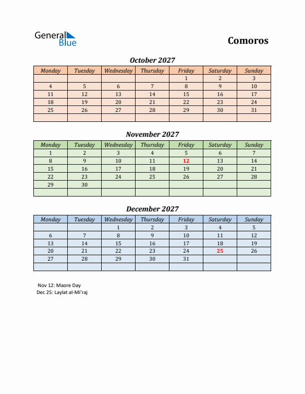 Printable Three Month Calendar with Comoros Holidays (Q4 2027) - Monday ...