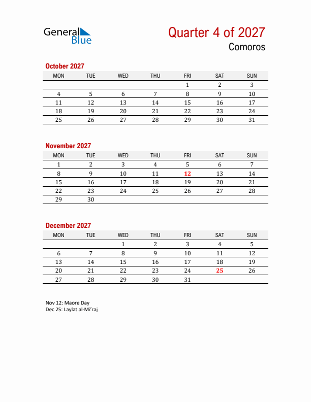 Printable Three Month Calendar with Comoros Holidays (Q4 2027) - Monday ...