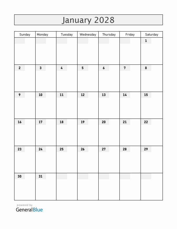 Blank January 2028 Calendar