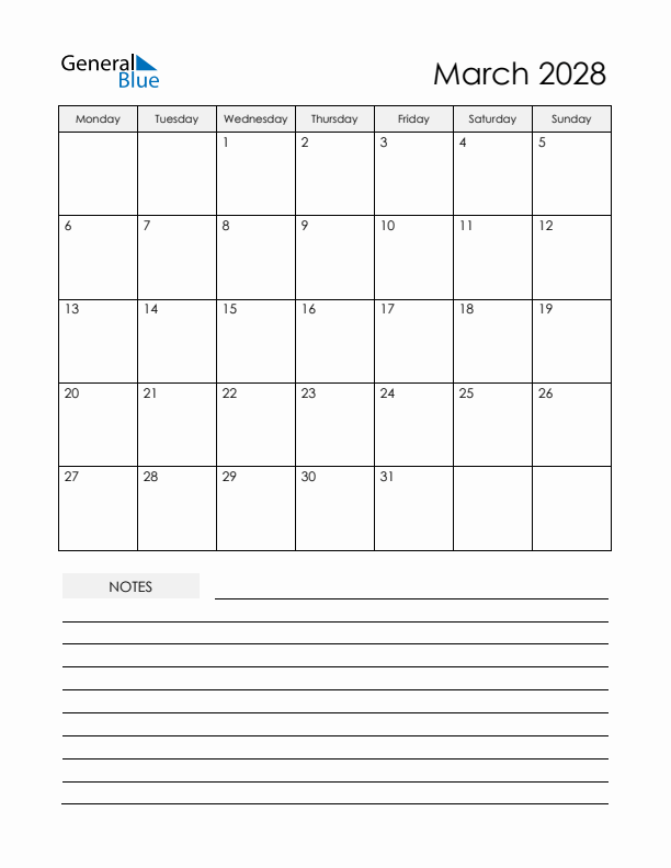 Printable Calendar with Notes - March 2028
