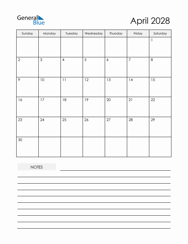 Printable Calendar with Notes - April 2028