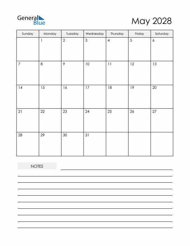 Printable Calendar with Notes - May 2028