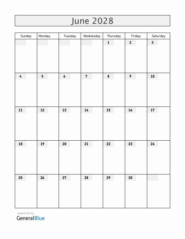 Blank June 2028 Calendar