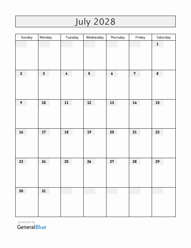 Blank July 2028 Calendar