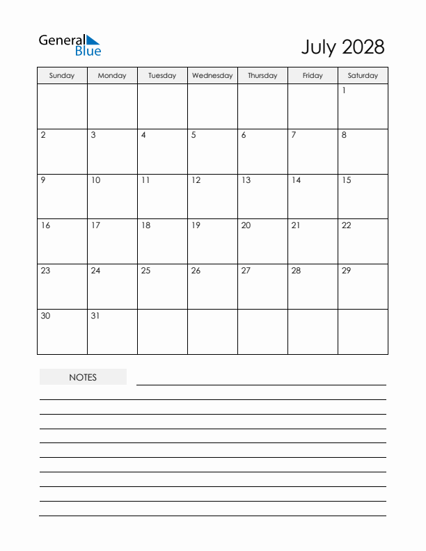 Printable Calendar with Notes - July 2028