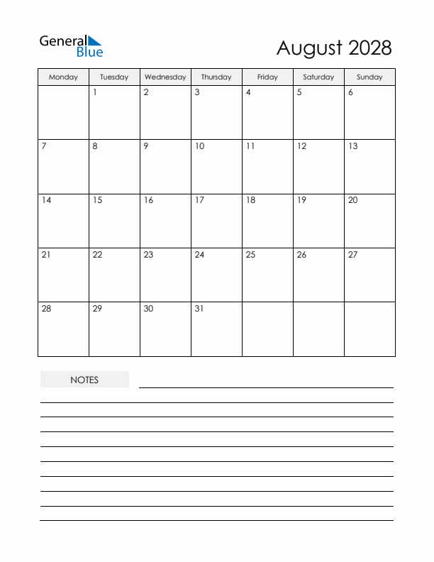 Printable Calendar with Notes - August 2028