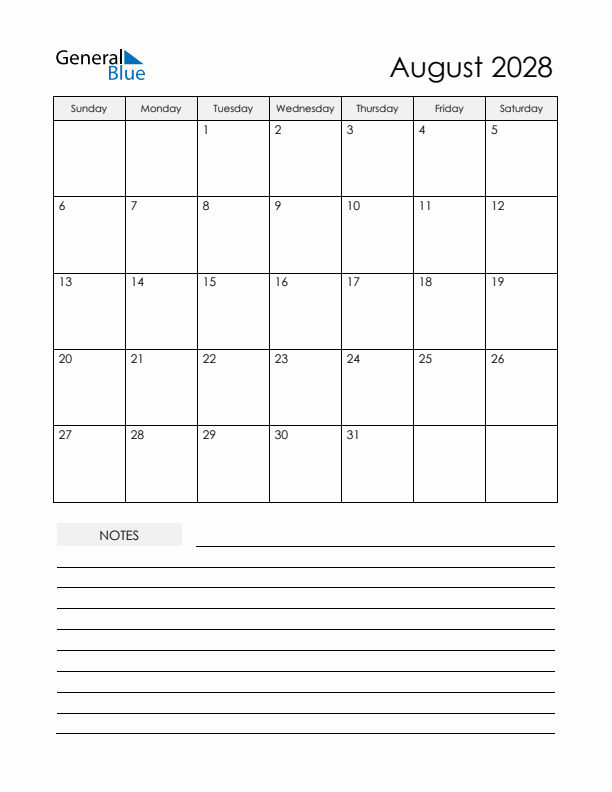 Printable Calendar with Notes - August 2028