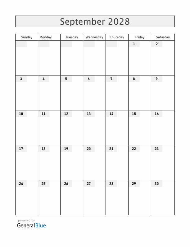 Blank September 2028 Calendar