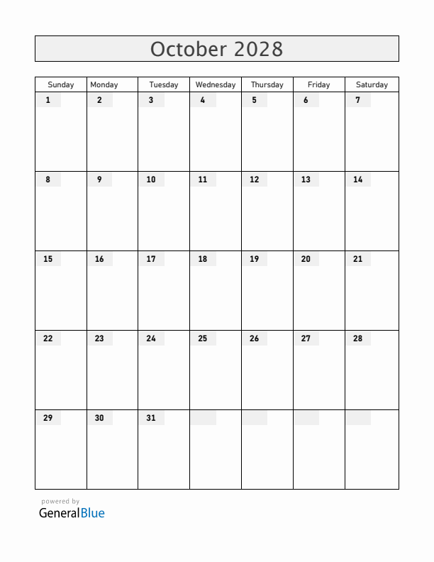 Blank October 2028 Calendar