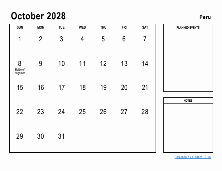 October 2028 Printable Monthly Calendar with Peru Holidays