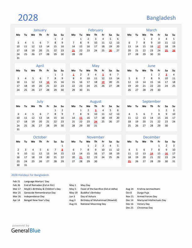 Basic Yearly Calendar with Holidays in Bangladesh for 2028