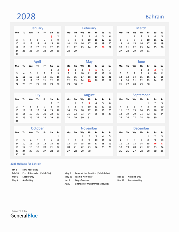 Basic Yearly Calendar with Holidays in Bahrain for 2028