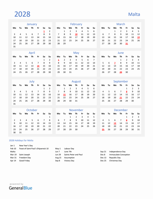 Basic Yearly Calendar with Holidays in Malta for 2028