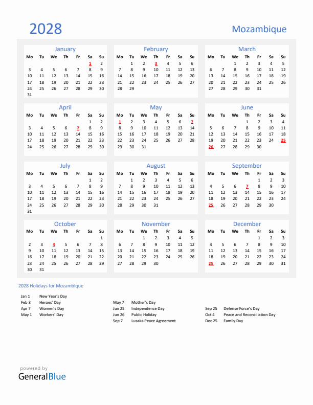 Basic Yearly Calendar with Holidays in Mozambique for 2028