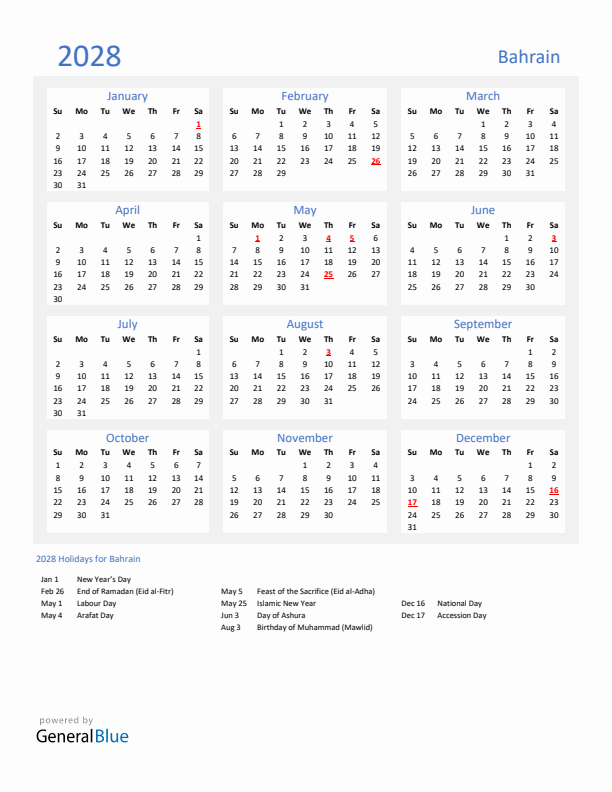 Basic Yearly Calendar with Holidays in Bahrain for 2028
