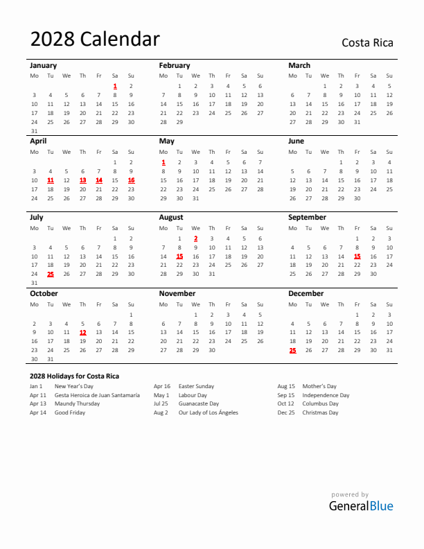 Standard Holiday Calendar for 2028 with Costa Rica Holidays
