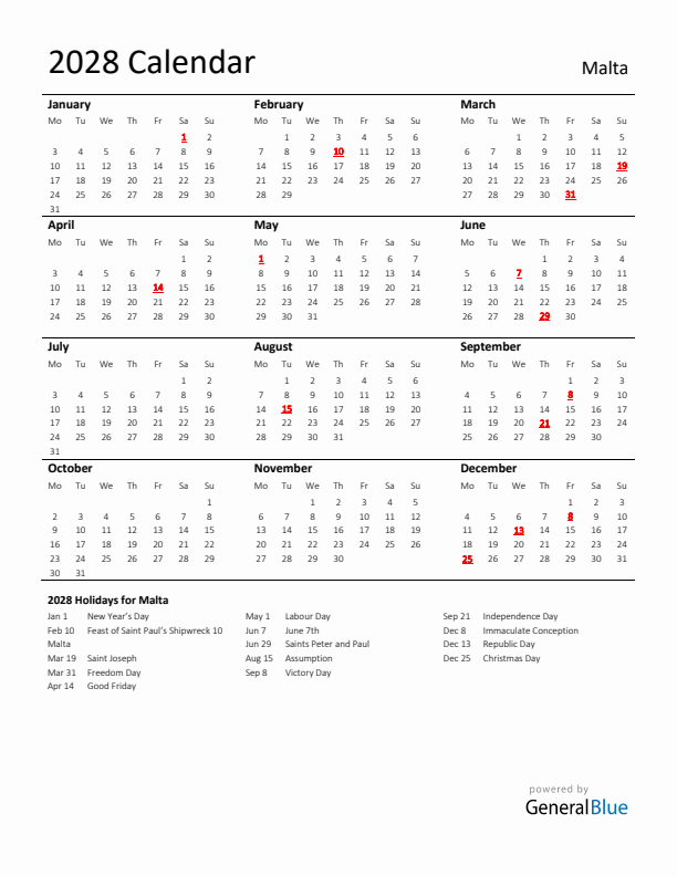 Standard Holiday Calendar for 2028 with Malta Holidays