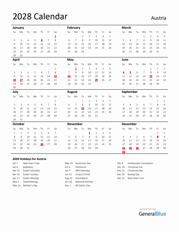 Standard Holiday Calendar for 2028 with Austria Holidays