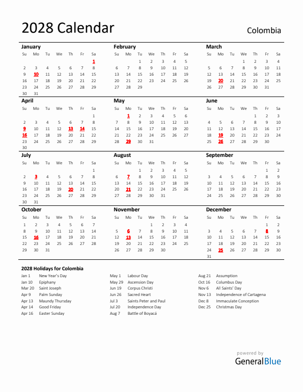 Standard Holiday Calendar for 2028 with Colombia Holidays