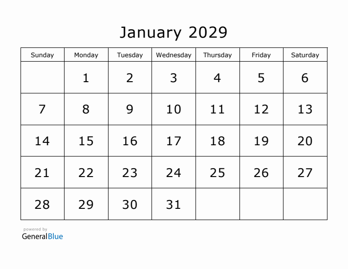 Printable January 2029 Calendar - Sunday Start