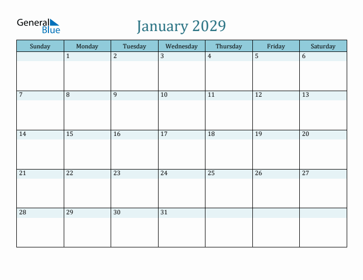 January 2029 Printable Calendar