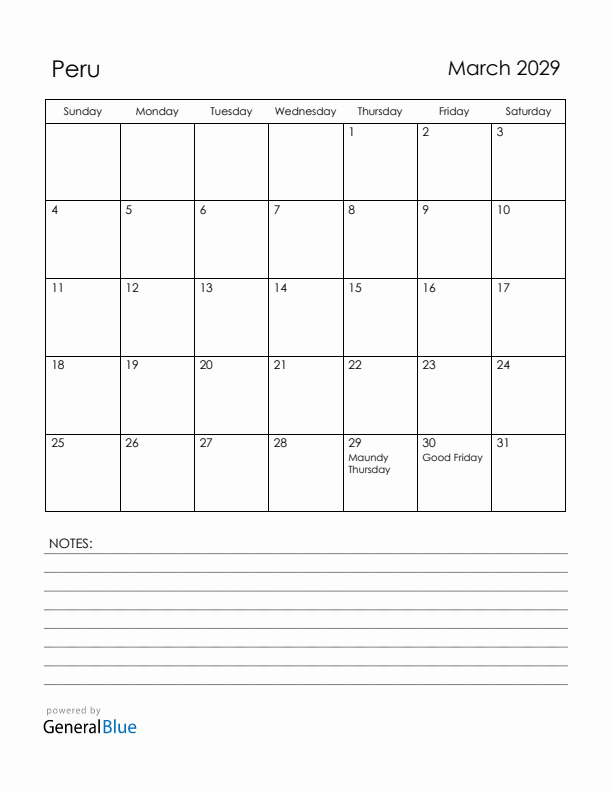 March 2029 Peru Calendar with Holidays (Sunday Start)