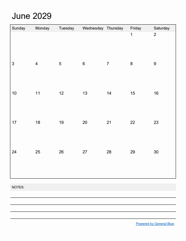 Basic Monthly Calendar Template for June 2029