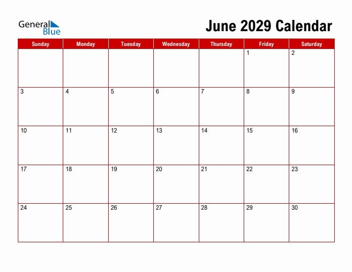 Simple Monthly Calendar - June 2029