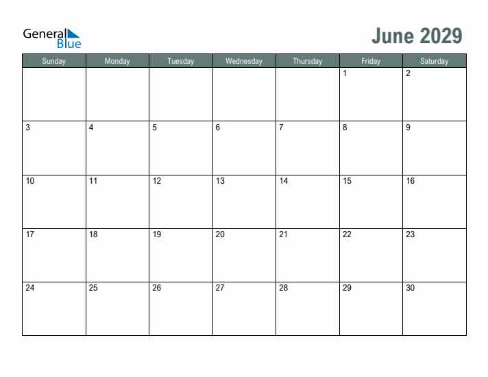 Free Printable June 2029 Calendar