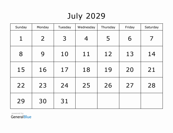 Printable July 2029 Calendar - Sunday Start