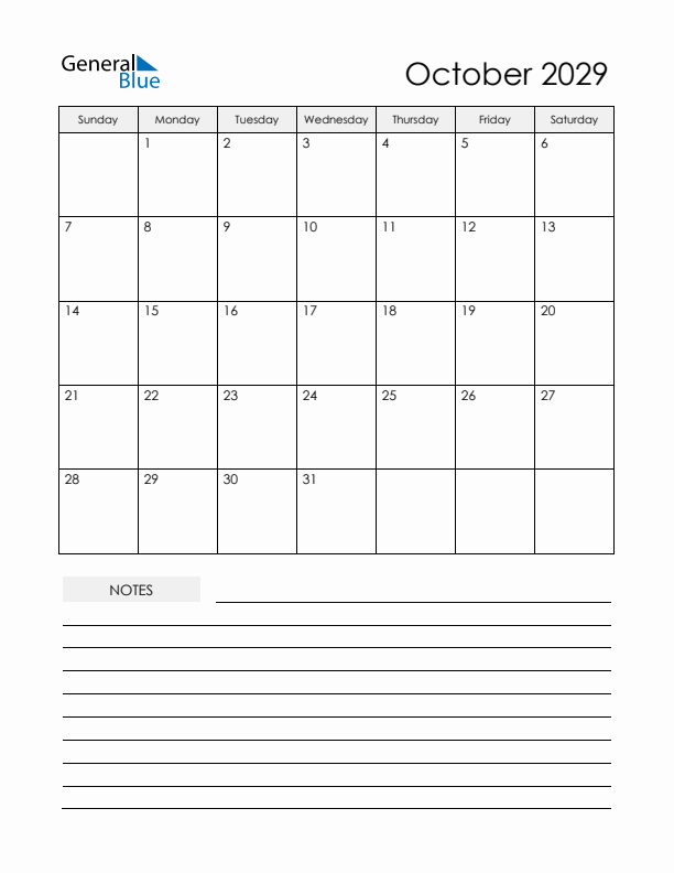 Printable Calendar with Notes - October 2029