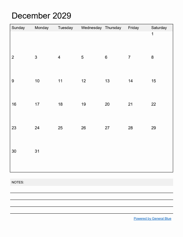 Basic Monthly Calendar Template for December 2029