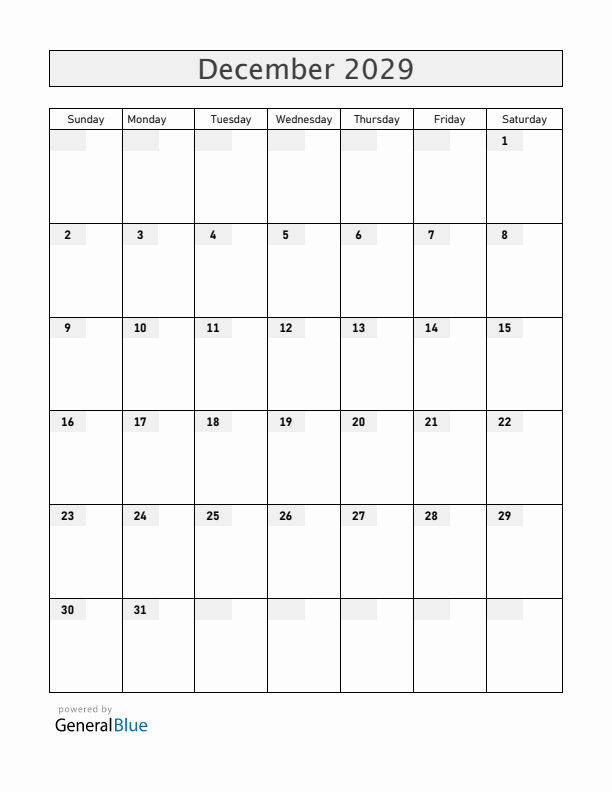 Blank December 2029 Calendar
