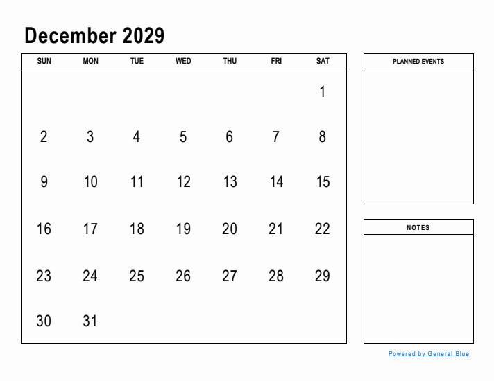 December 2029 Calendar Planner