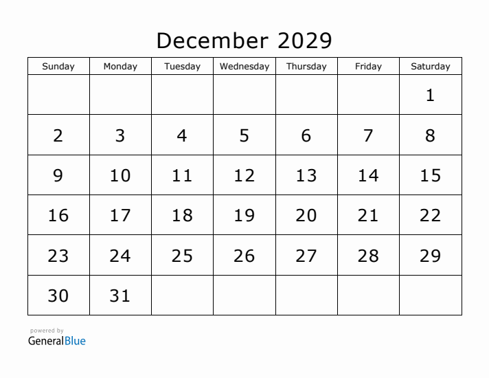 Printable December 2029 Calendar - Sunday Start