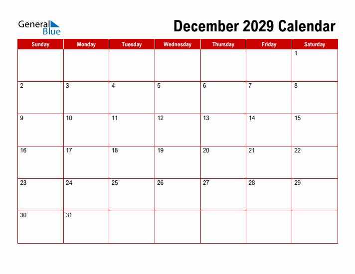 Simple Monthly Calendar - December 2029