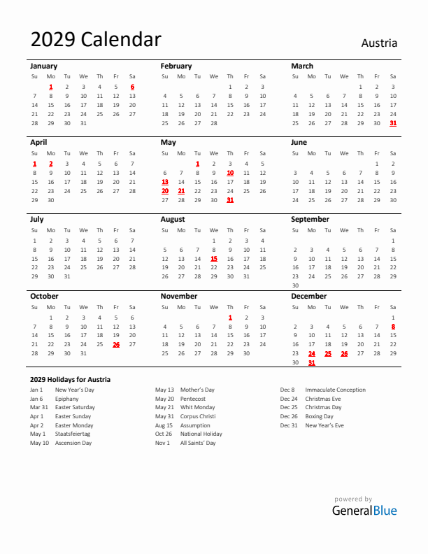 Standard Holiday Calendar for 2029 with Austria Holidays