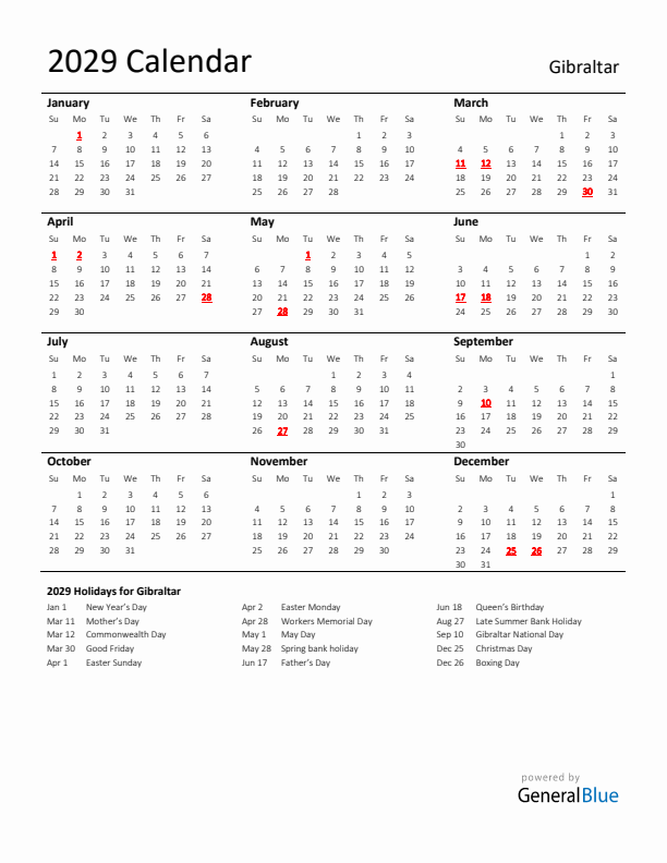 Standard Holiday Calendar for 2029 with Gibraltar Holidays