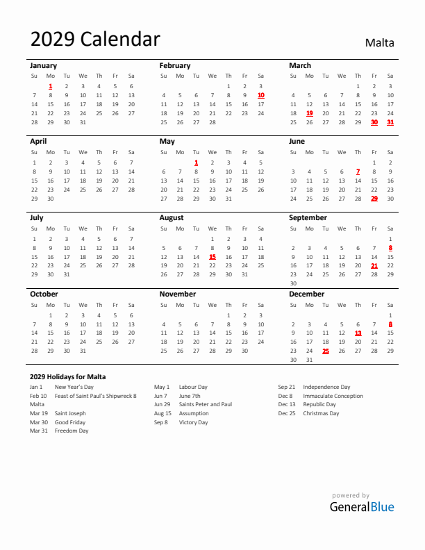 Standard Holiday Calendar for 2029 with Malta Holidays