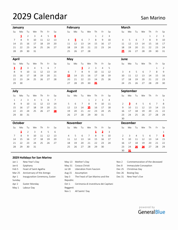 Standard Holiday Calendar for 2029 with San Marino Holidays