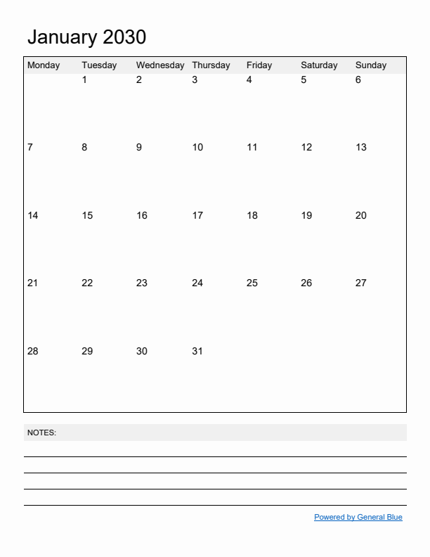 Basic Monthly Calendar Template for January 2030