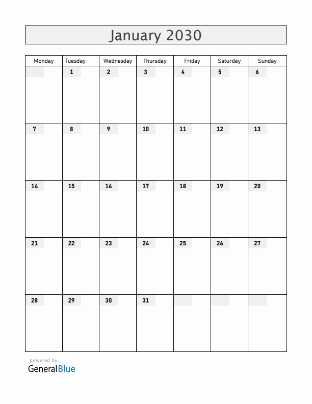 Blank January 2030 Calendar