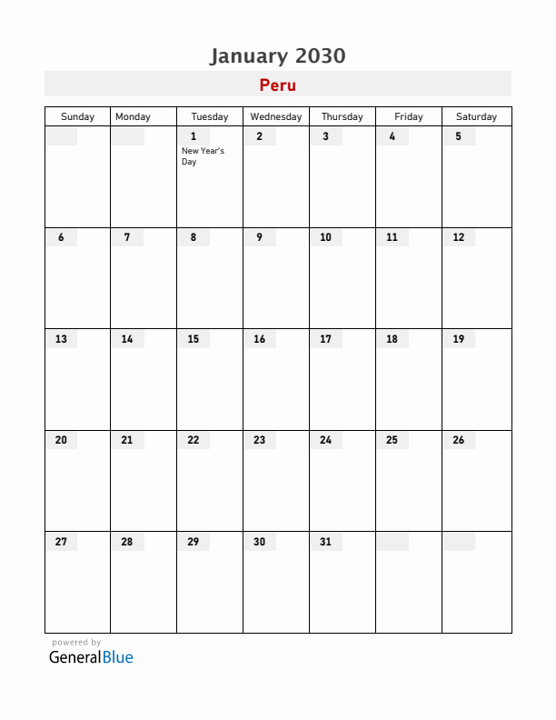 Peru January 2030 Calendar with Holidays