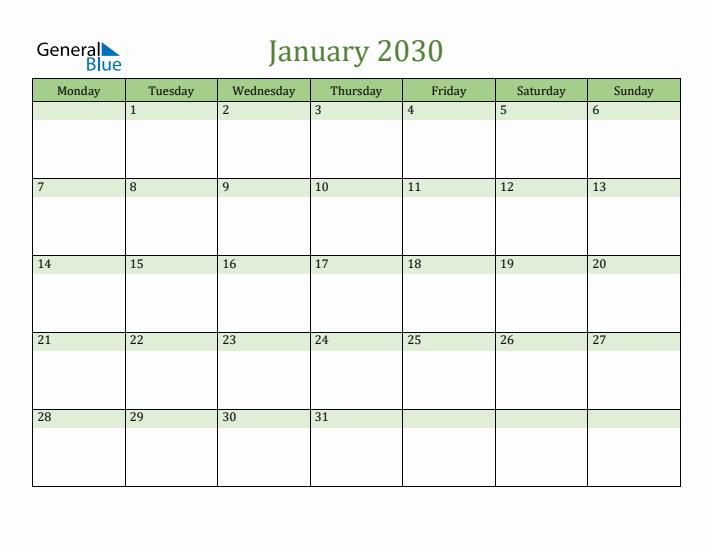 January 2030 Calendar with Monday Start